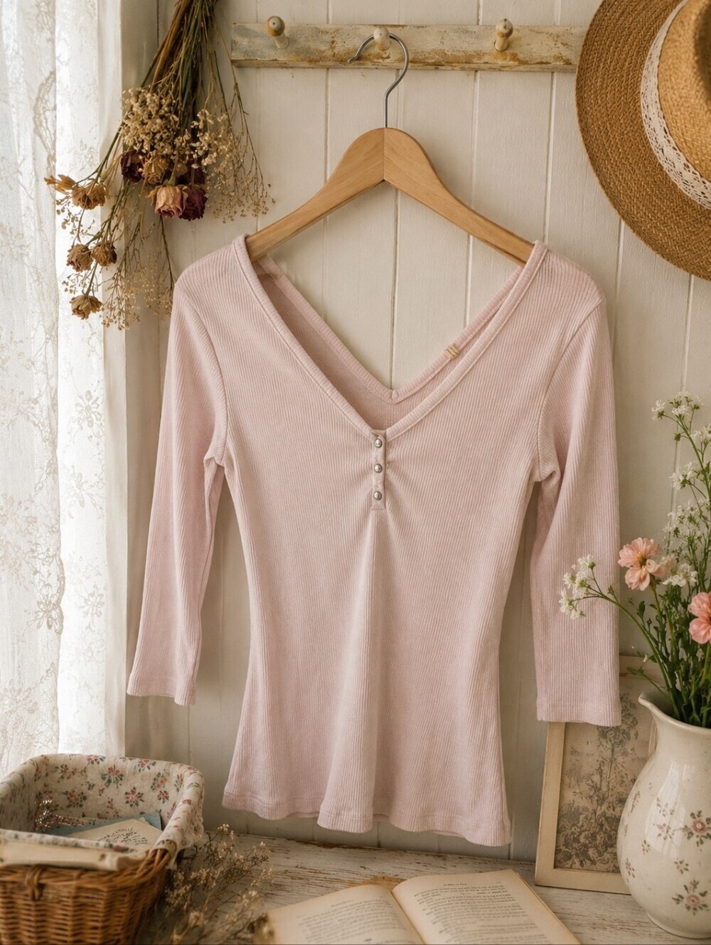 Guess Ribbed Henley Top | Soft Blush Pink | 3/4 Sleeve | Size Medium